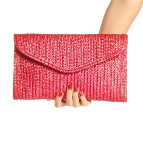 Jennifer Moore Red Raffia Straw Clutch Bag Purse - Picture 1 of 5